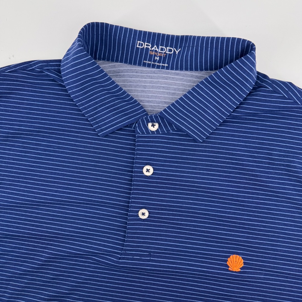 B. Draddy Sport Polo Mens Medium Navy Blue Striped Shell Logo Stretch Golf Shirt